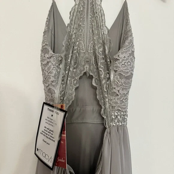 NWT Macy’s Emerald Sundae Gray maxi dress size Small, V neckline, front slit - Picture 6 of 15